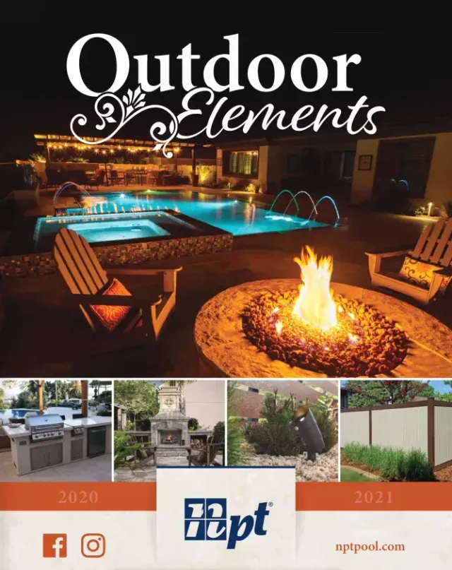 Outdoor Elements patio and pool at night with fire pit and outdoor seating; small landscaping photo strip below